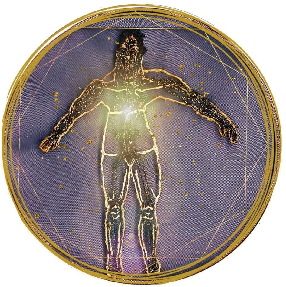 Gold embroidered figure of a muscular person on an embroidery hoop. The background is purple with specks of gold. A light shines through the centre of the body.