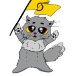 Cartoon drawing of a cute, grey cat with large eyes standing on its back legs. The cat is holding its front two legs in the air and is waving an intersex flag.