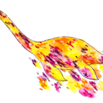 Watercolour image of a plesiosaur, a dinosaur that lived in the water. The plesiosaur is facing the left of the page. It is mostly yellow with streaks of orange, purple, red and pink. Small water droplets are coming off its body with streaks of colour behind and below the plesiosaur to give a stylistic impression of movement.