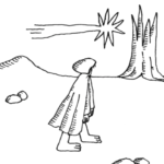 Fifth of five cartoon images with Spanish text and English translation. Black and white sketch on one panel. The Spanish text reads: Mientras tanto seré nómade. English translation: In the meantime, I’ll be a nomad. The panel depicts a single person walking in bare feet and covered in a cape. The landscape is sparse with some rocks, a hill, a dead tree and a shooting star.