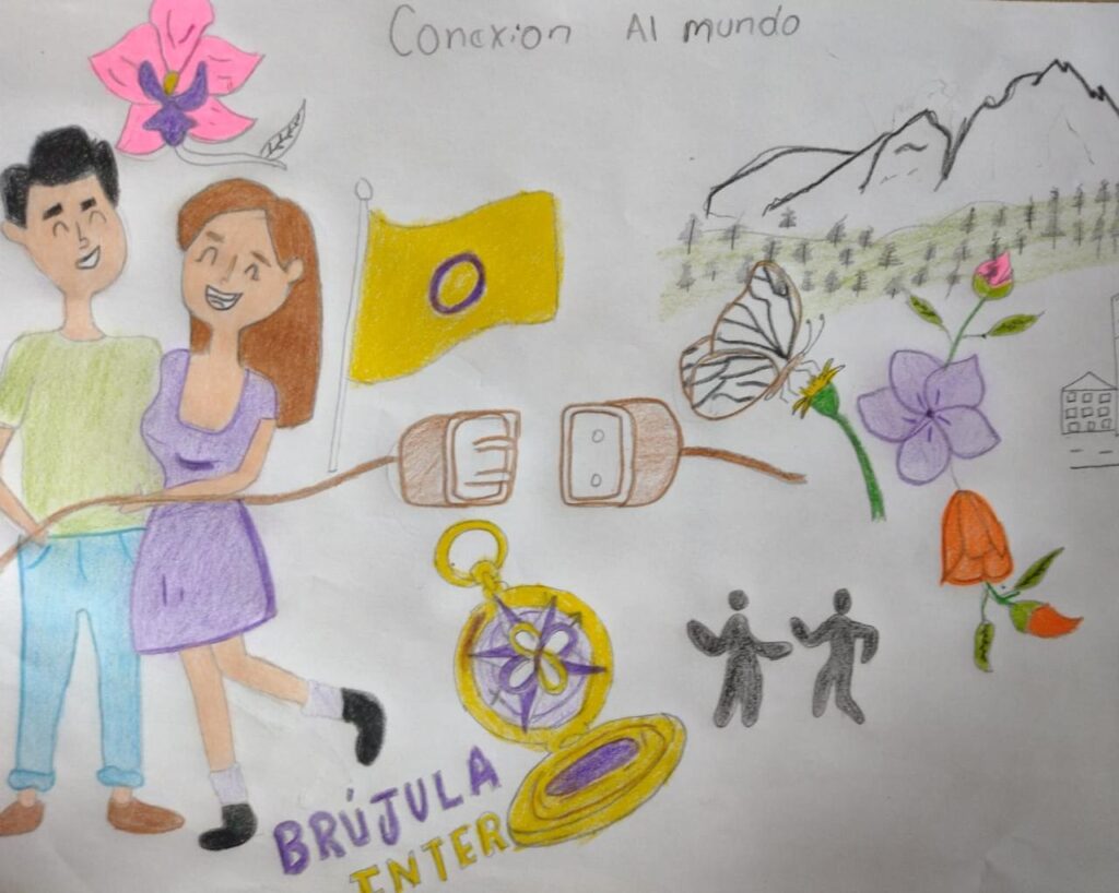 This is an illustration drawn in coloured pencil. It depicts two people, a man and a woman, standing together and laughing. Above them is a pink flower, and next to them are various images of a disconnected power adapter, a compass, the words ‘Brujula inter’, flowers and a butterfly, a mountain, a city and more people.