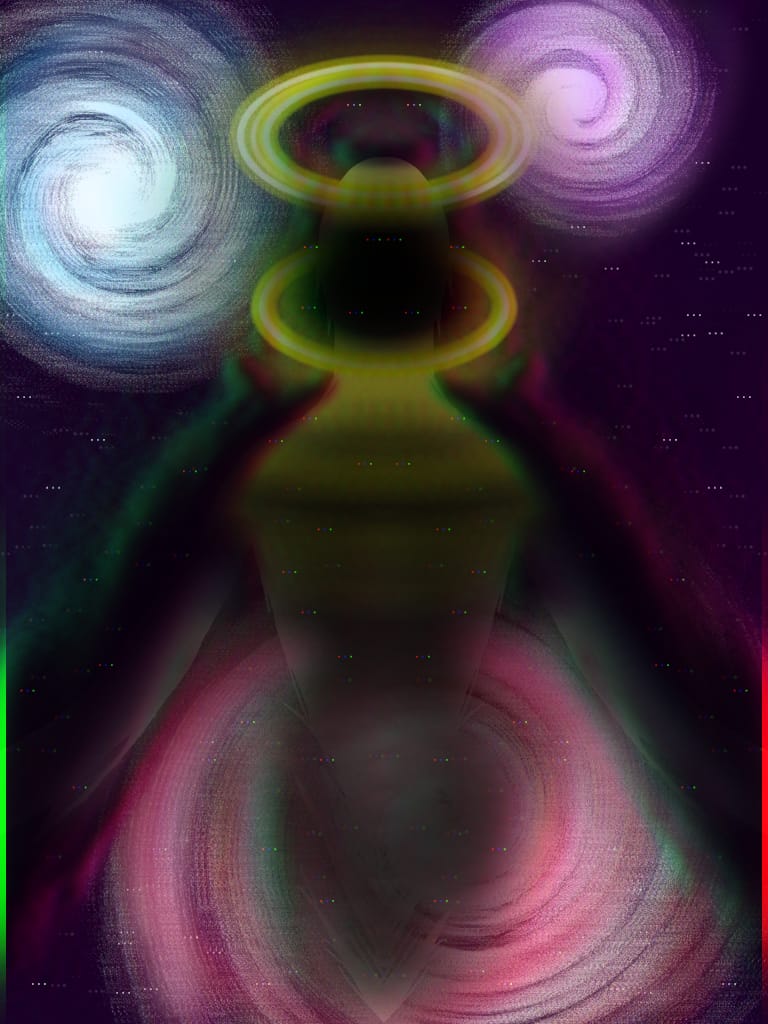 A digital image of a yellow vase. There are three colourful spirals around the vase in blue, purple and red. The image is deliberately blurry and distorted.