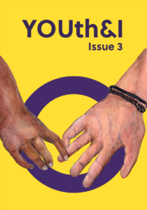 Cover image of Issue 3. Two hands holding each other in front of a purple circle.