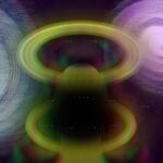 A digital image of a yellow vase. There are three colourful spirals around the vase in blue, purple and red. The image is deliberately blurry and distorted.