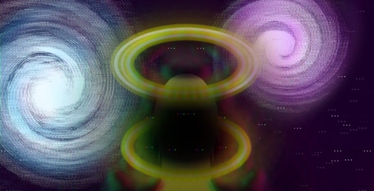 A digital image of a yellow vase. There are three colourful spirals around the vase in blue, purple and red. The image is deliberately blurry and distorted.