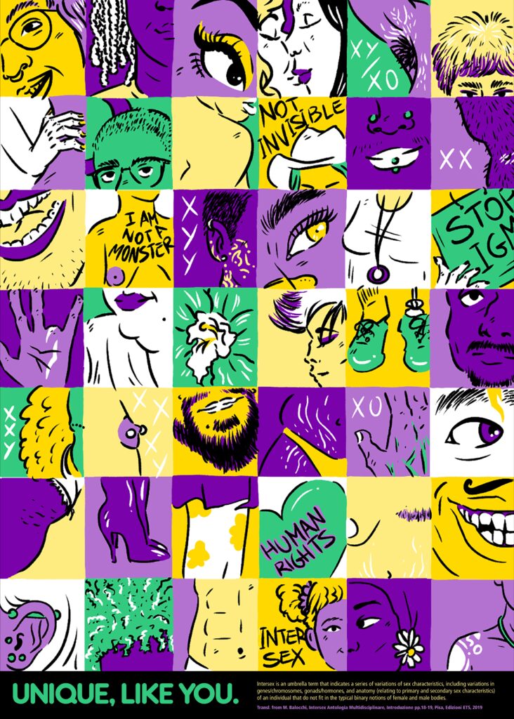 Grid image (6 by 7) of different faces and body parts. All the images are in yellow, purple and green. Some of the images have text on them saying things like ‘human rights’, ‘XX’, ‘XXY’, ‘XO’, ‘intersex’, ‘I’m not a monster’ and ‘not invisible’. The text at the bottom reads: Unique, like you. It includes a citation to an Italian intersex journal.