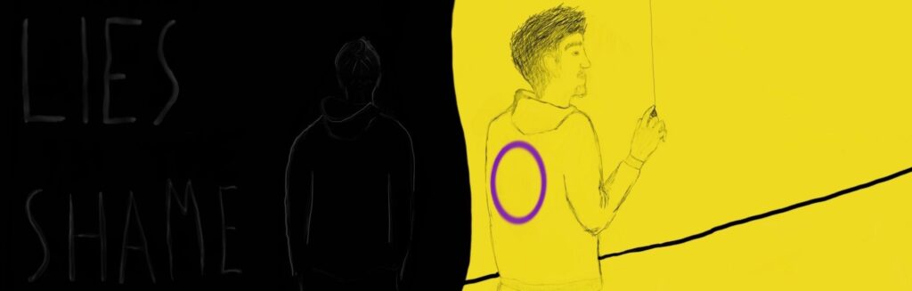 Text reads in darkness 'lies' and 'shame'. Image of a person wearing a jumper with the intersex circle on the back and walking into yellow light.