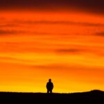 Silhouette of man standing in front of bright orange sunset